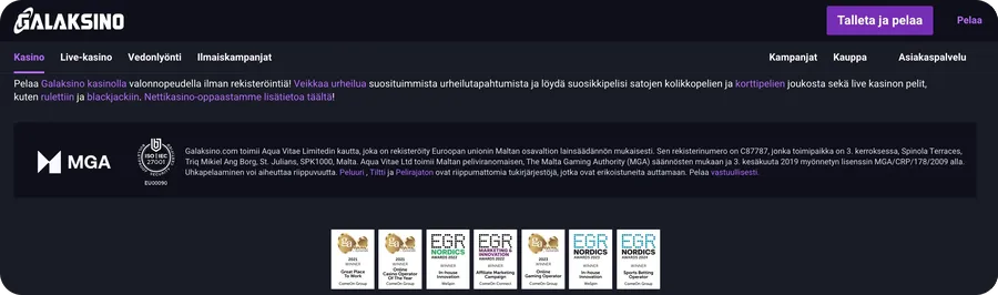 Galaksinon MGA-lisenssi ja verovapaat voitot EU/EEA-alueella suomalaiselle pelaajalle